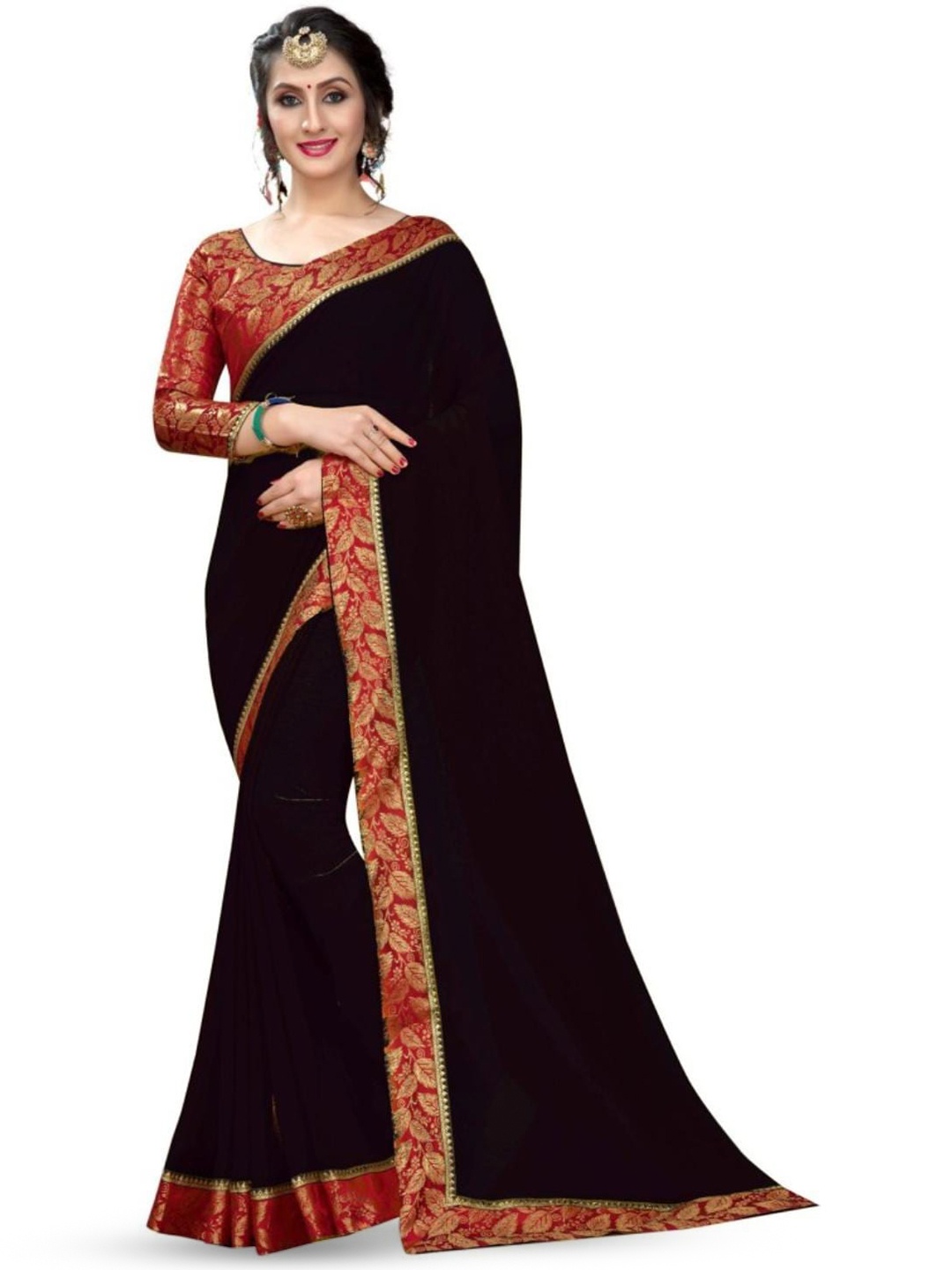 

SM TRENDZ Zari Pure Georgette Bhagalpuri Saree, Black