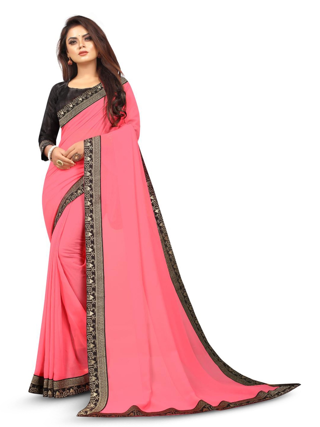 

SM TRENDZ Woven Design Georgette BhagalPuri Sarees, Pink