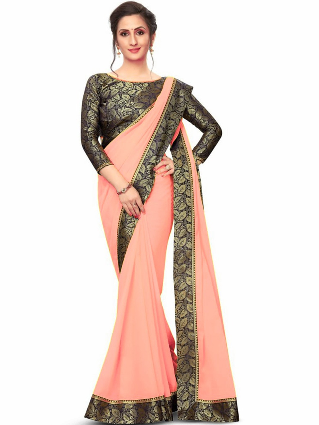 

SM TRENDZ Zari Pure Georgette Paithani Saree, Peach