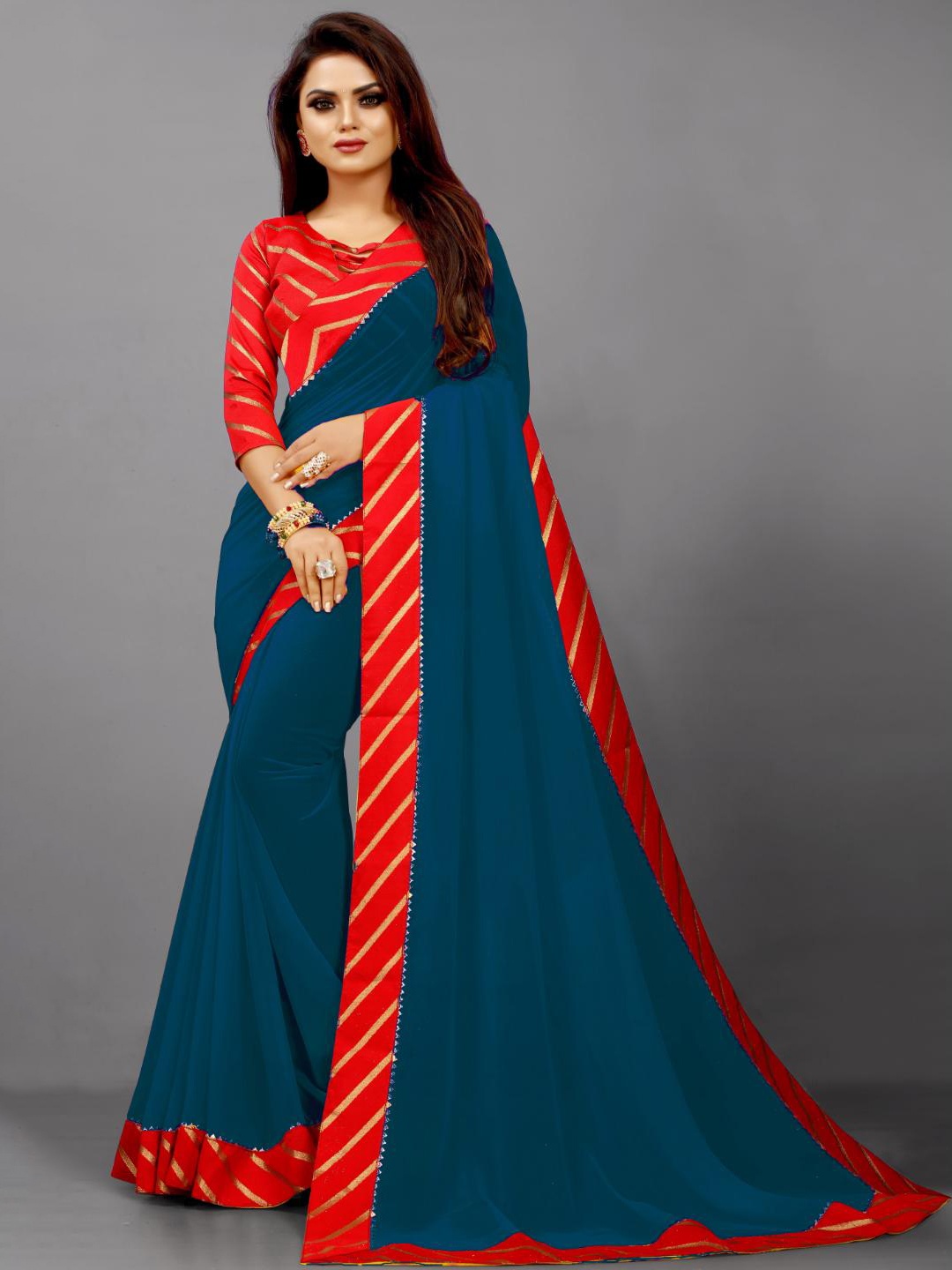 

SM TRENDZ Striped Printed Pure Georgette Saree, Teal