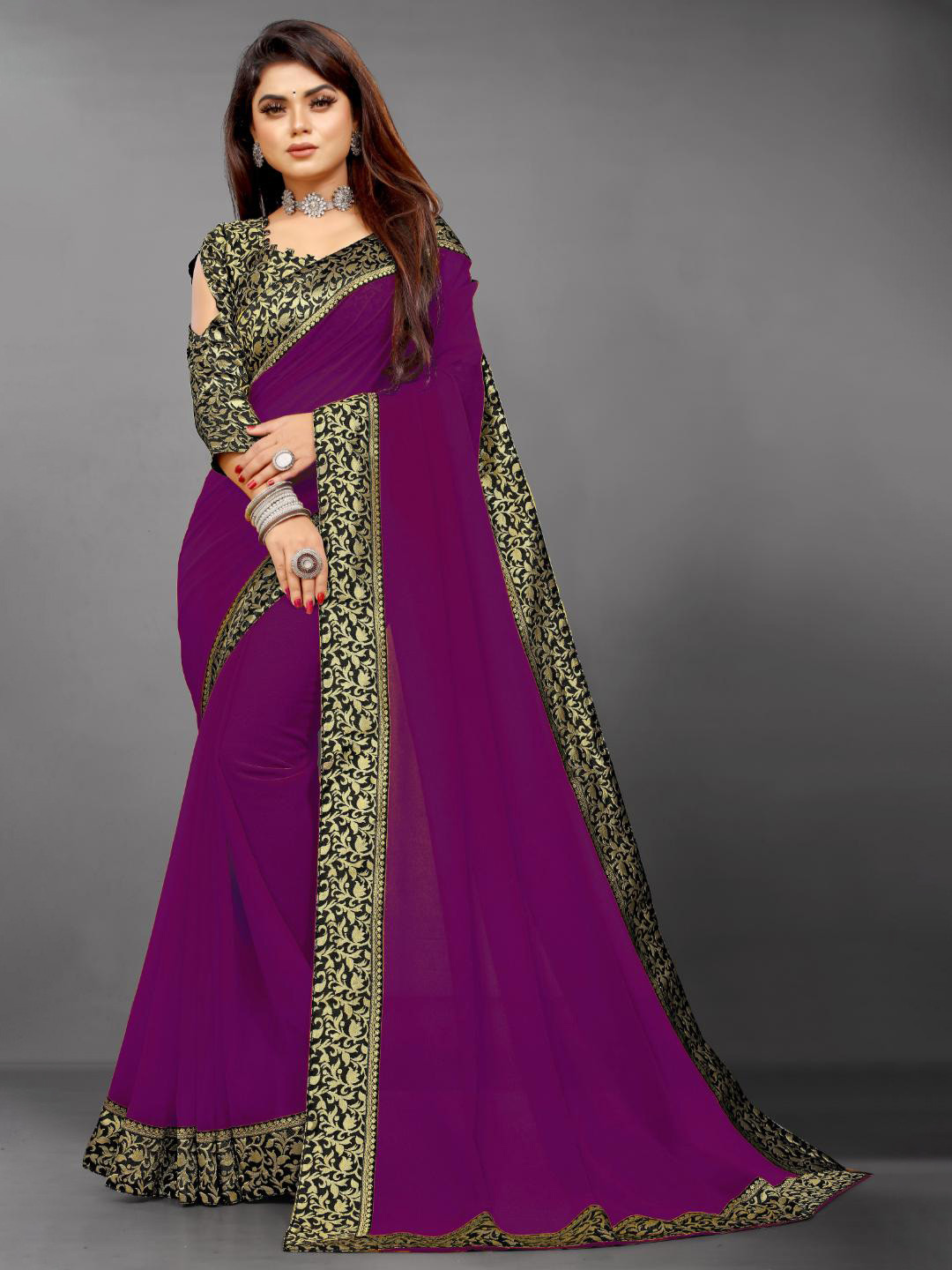 

SM TRENDZ Zari Pure Georgette Saree, Purple