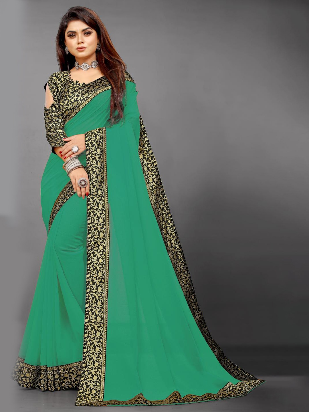 

SM TRENDZ Zari Pure Georgette Bhagalpuri Saree, Sea green