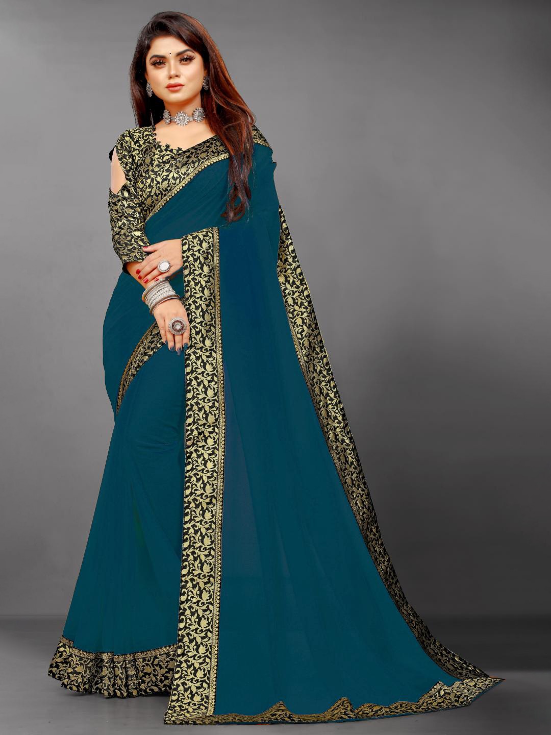 

SM TRENDZ Zari Pure Georgette Bhagalpuri Saree, Teal