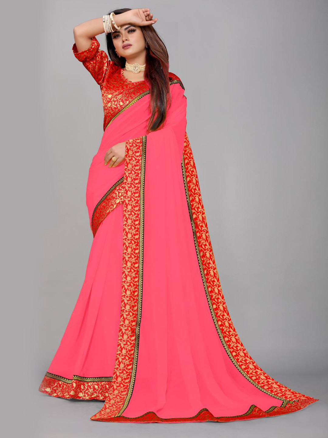 

SM TRENDZ Zari Pure Georgette Bhagalpuri Saree, Pink