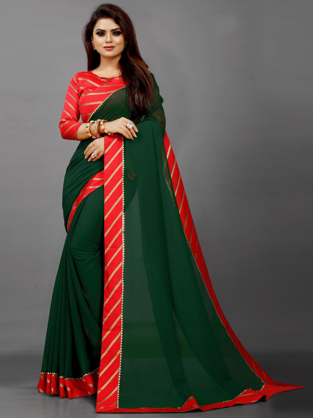 

SM TRENDZ Striped Printed Pure Georgette Saree, Green