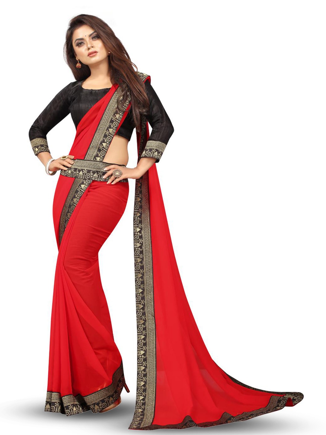 

SM TRENDZ Zari Pure Georgette Bhagalpuri Saree, Red