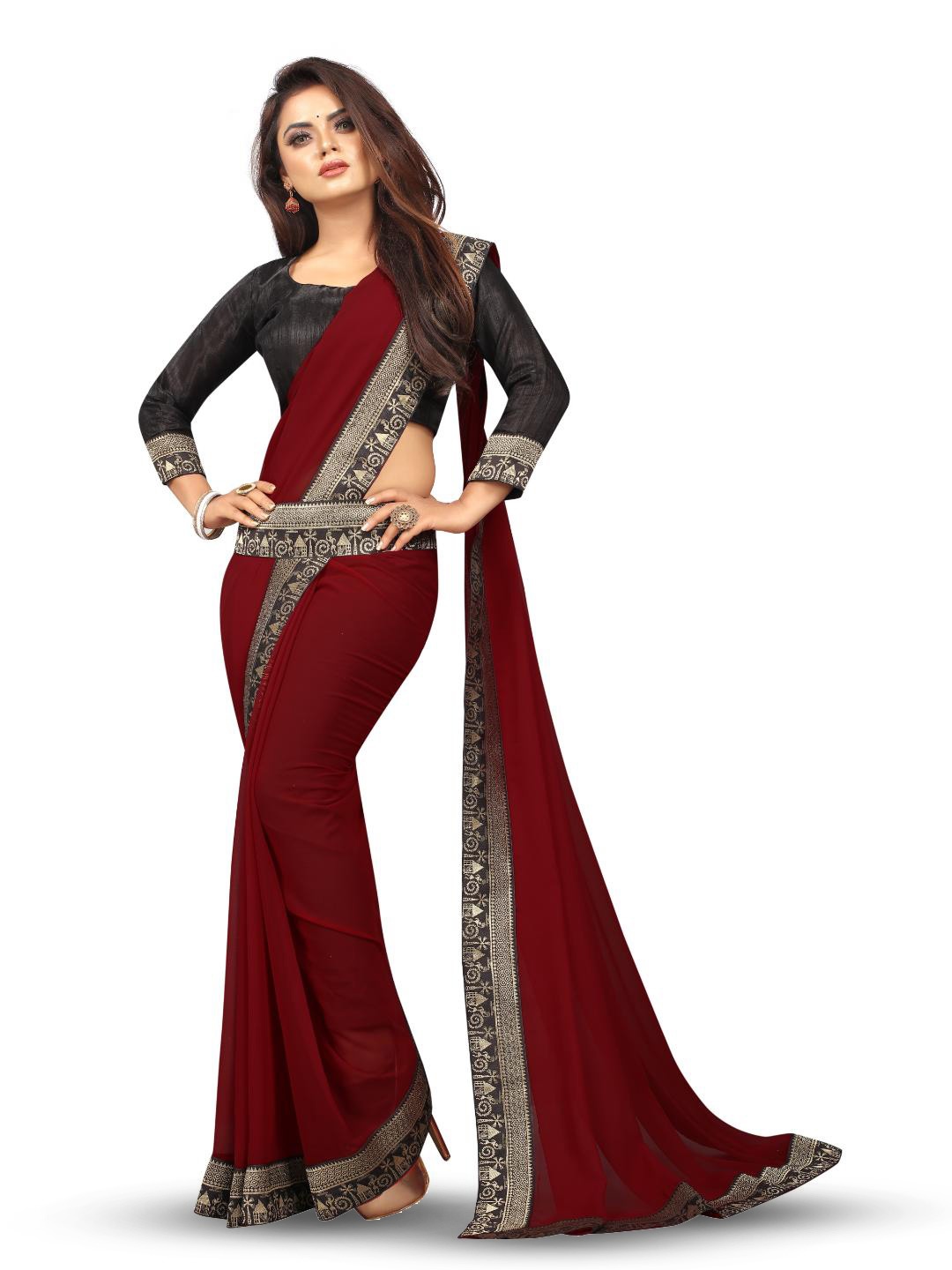 

SM TRENDZ Zari Pure Georgette Bhagalpuri Saree, Maroon