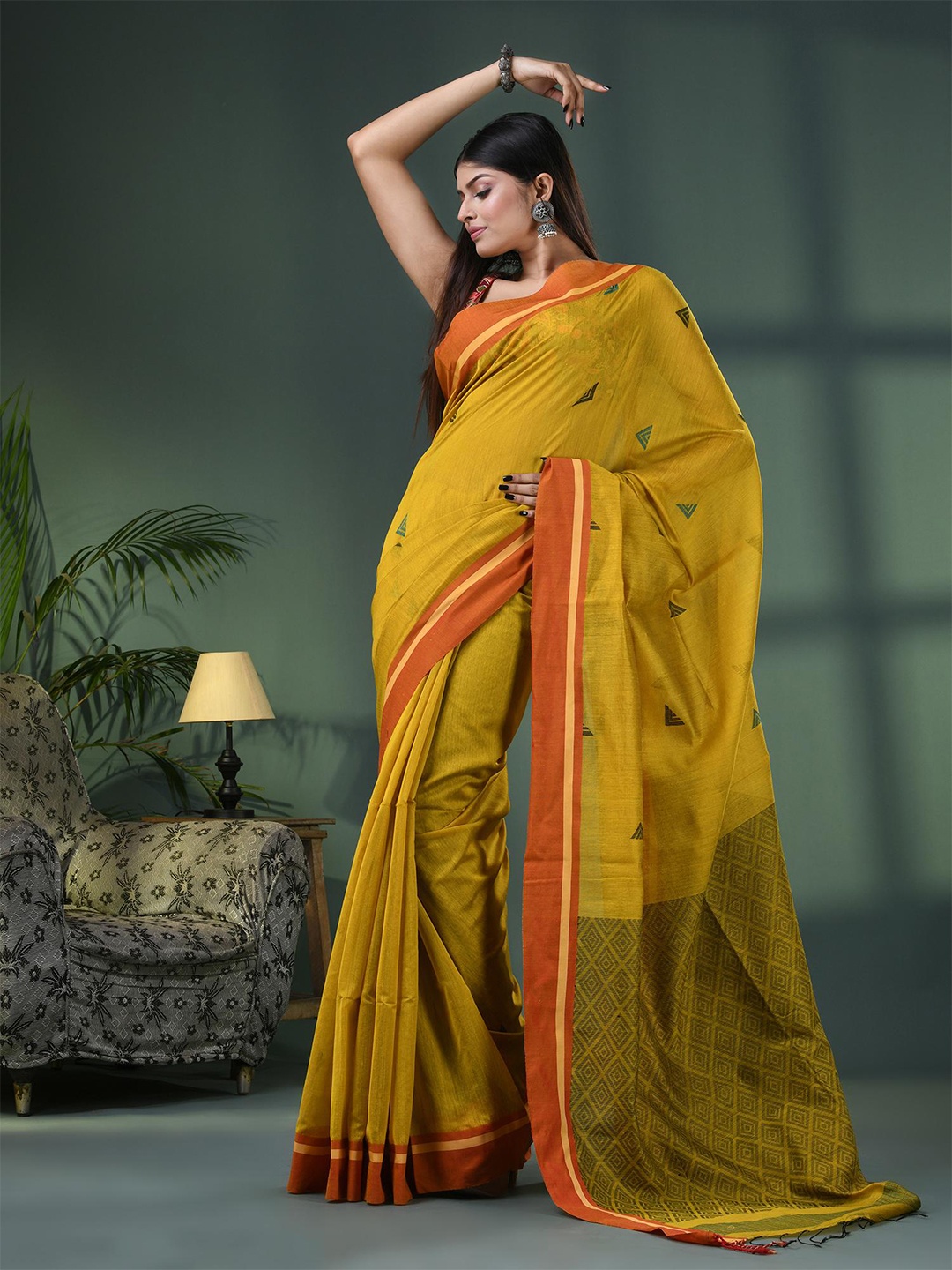 

Angoshobha Woven Design Saree With Tassels, Yellow