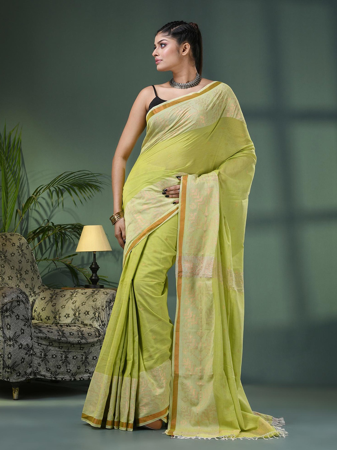 

Angoshobha Ethnic Motifs Woven Design Zari Pure Cotton Saree, Green