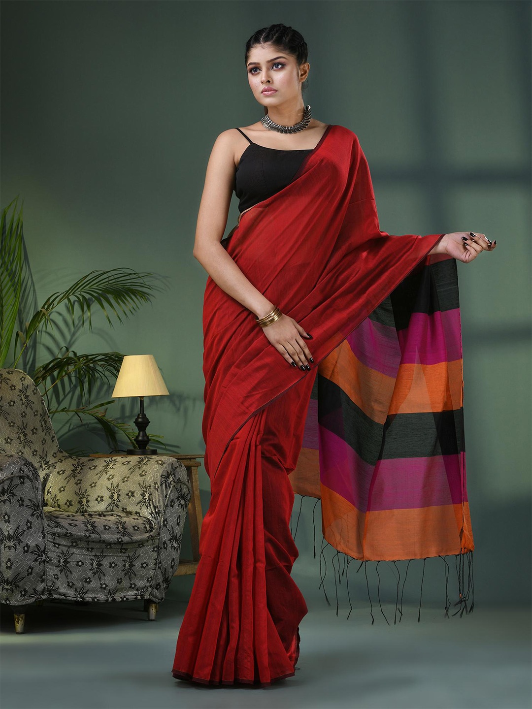 

Angoshobha Woven Design Striped Saree, Black
