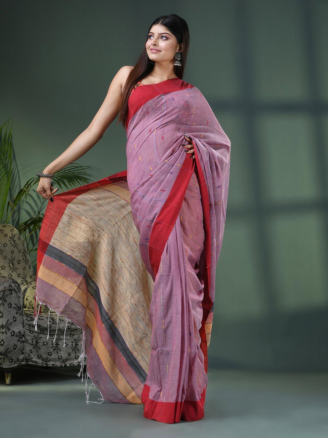 

Angoshobha Striped Woven Design Pure Cotton Saree, Red