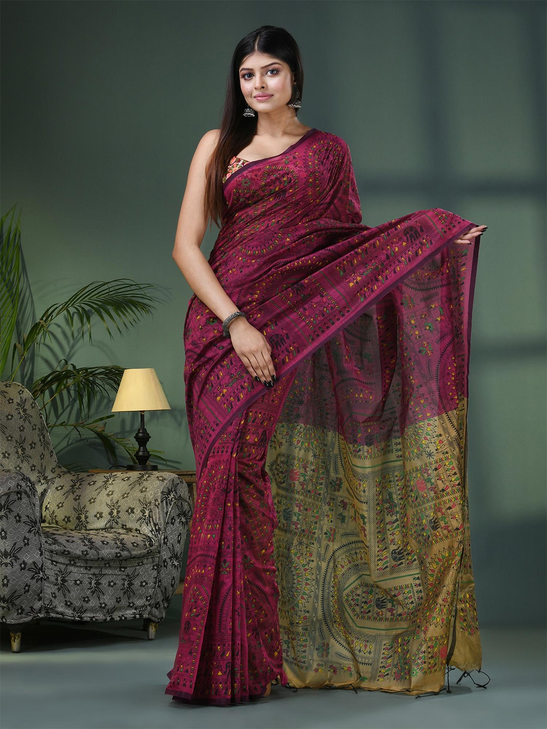 

Angoshobha Woven Design Warli Printed Saree, Beige