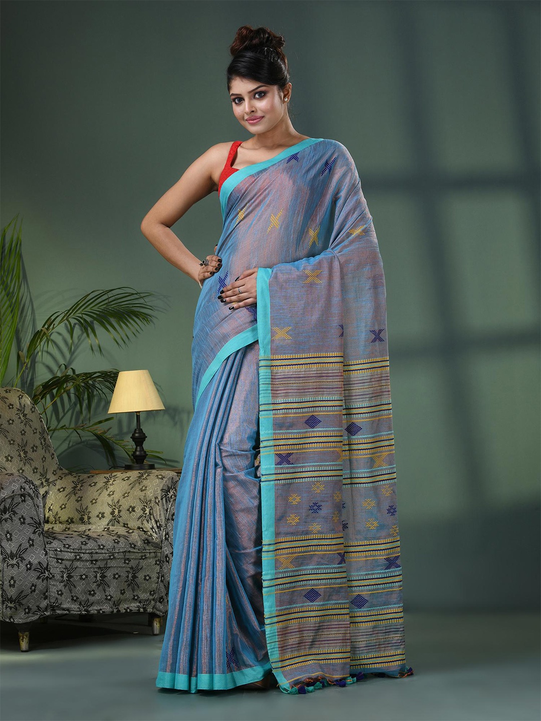 

Angoshobha Striped Printed Woven Design Pure Cotton Saree, Blue