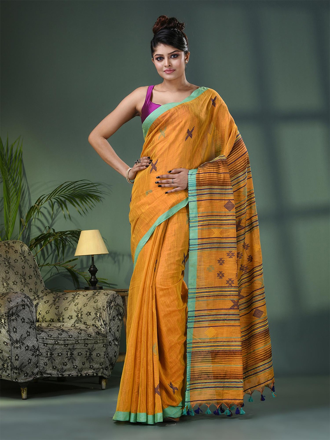 

Angoshobha Ethnic Motifs Printed Woven Design Zari Pure Cotton Saree, Yellow