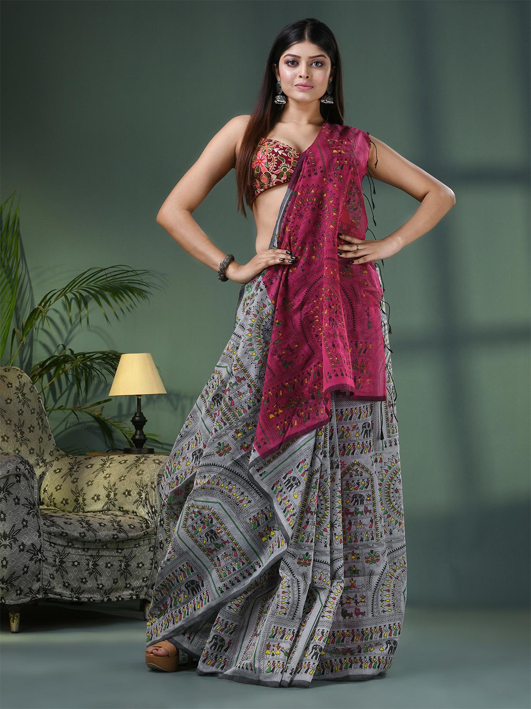 

Angoshobha Warli Printed Saree, Pink