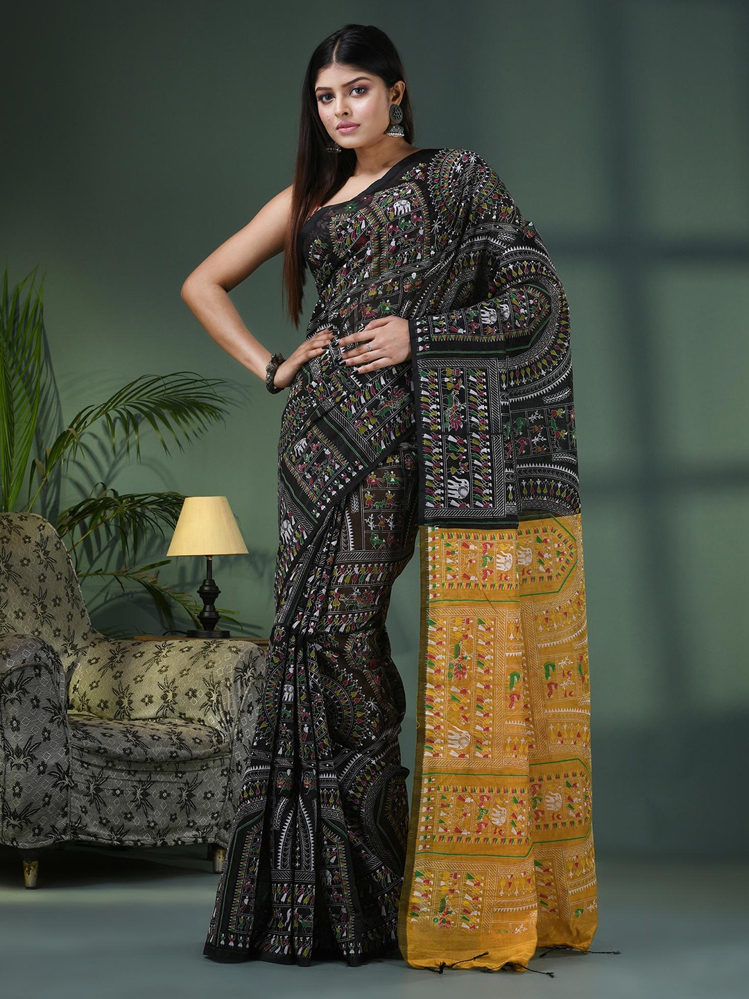

Angoshobha Woven Design Warli Printed Saree, Yellow