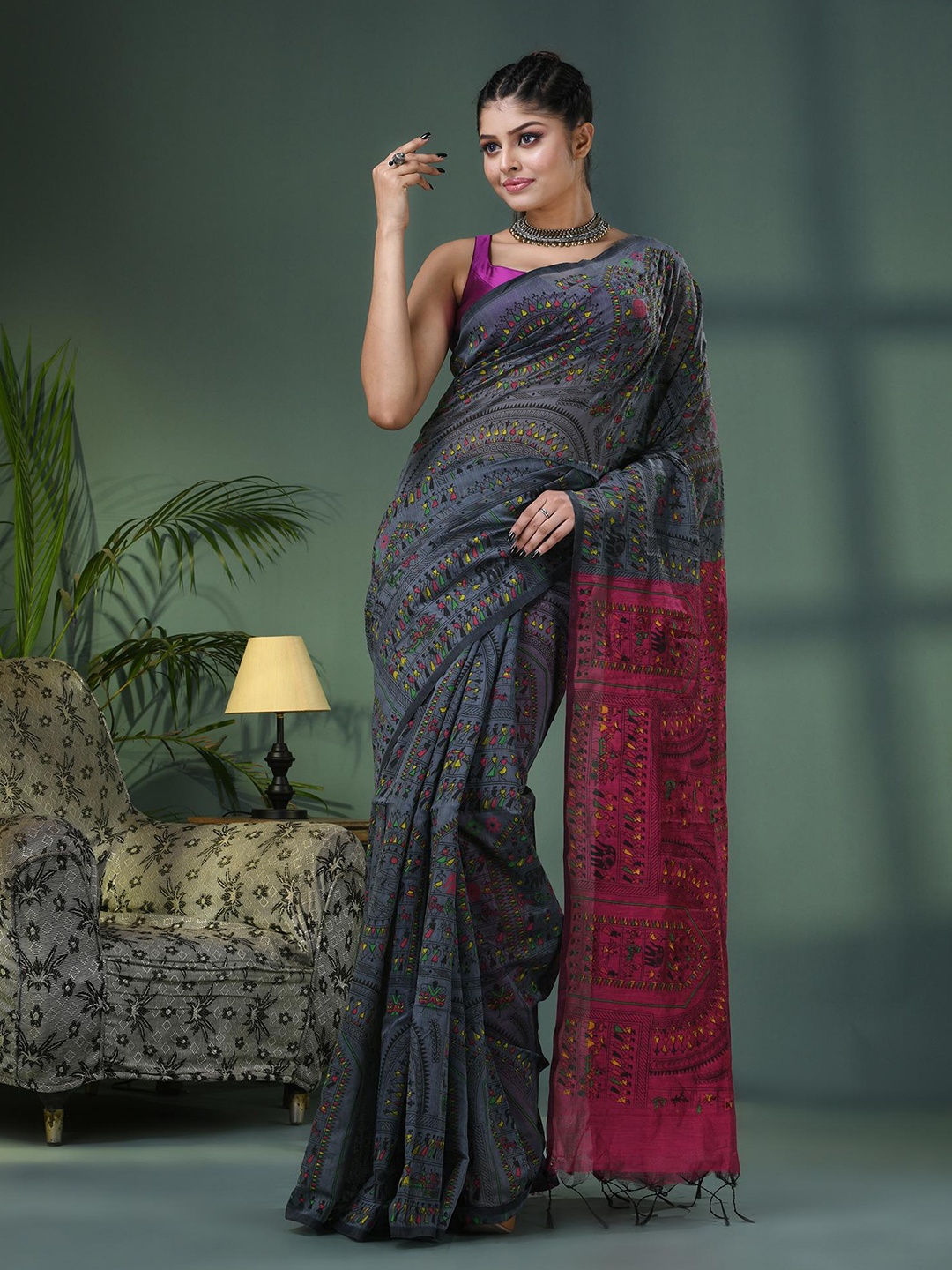 

Angoshobha Ethnic Motifs Printed Woven Design Saree, Pink