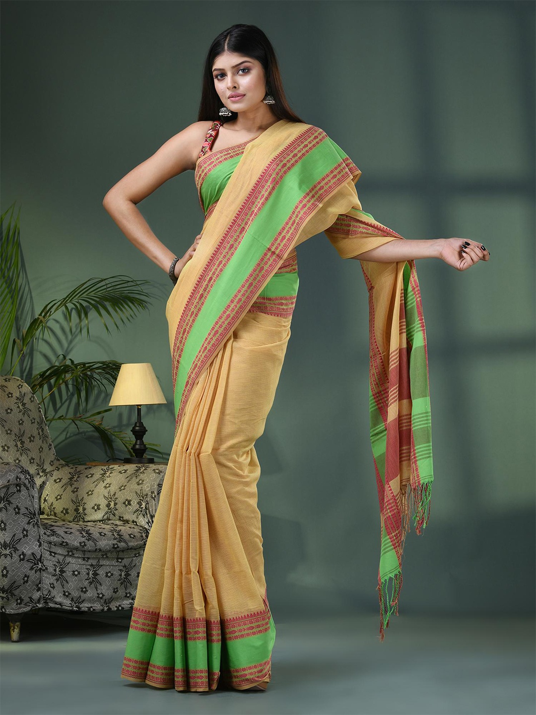 

Angoshobha Ethnic Woven Design Border Pure Cotton Saree, Green
