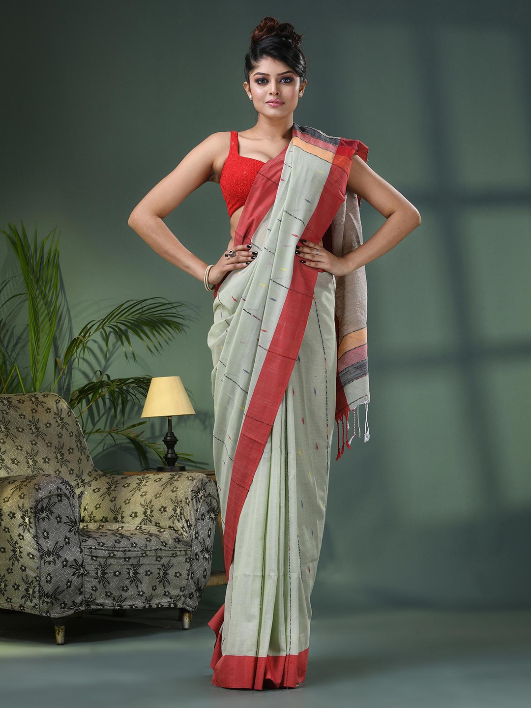 

Angoshobha Woven Design Striped Printed Pure Cotton Saree, Red