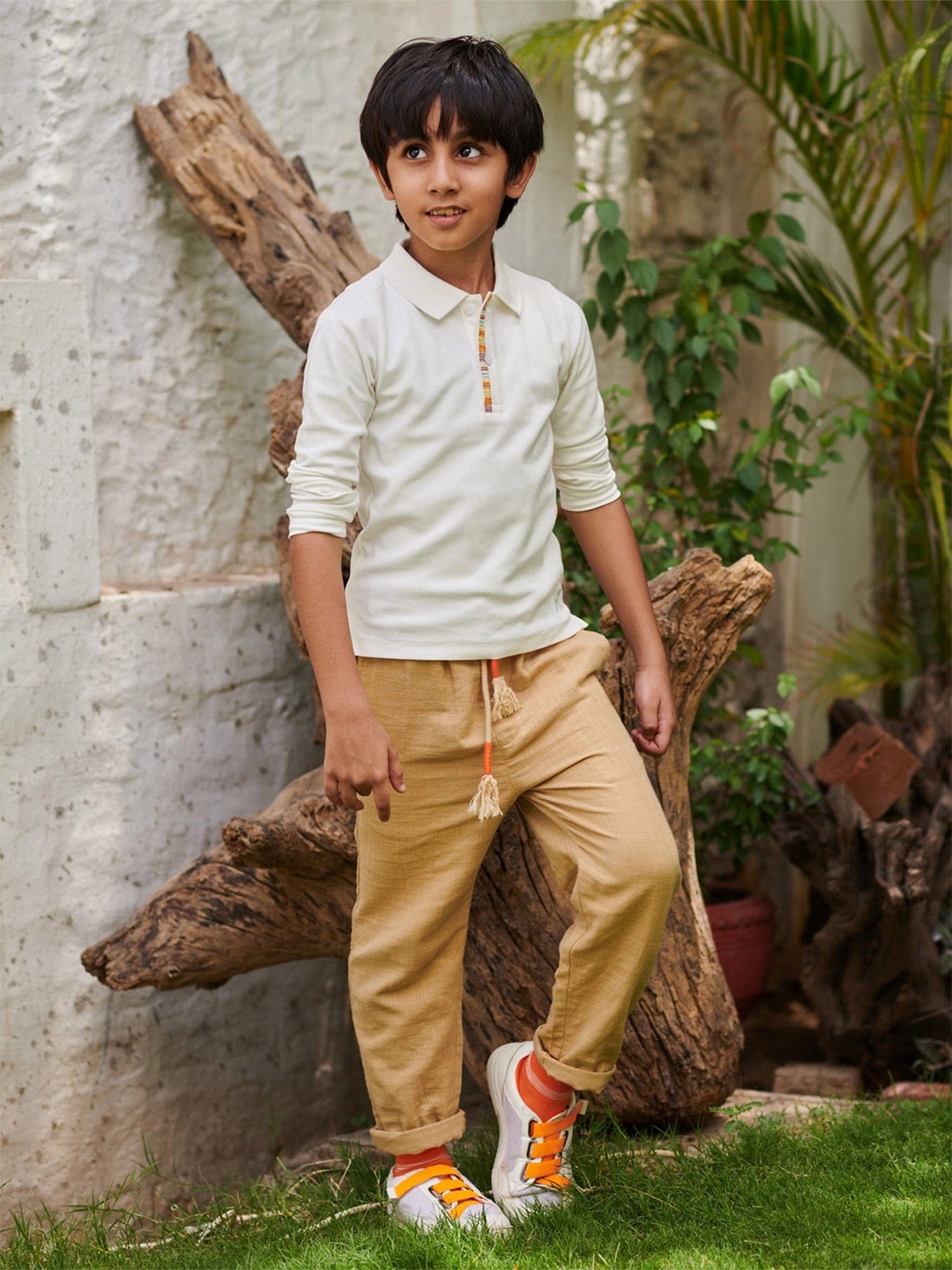 

Somersault Boys Polo Collar Long Sleeves Cotton T-shirt, Off white