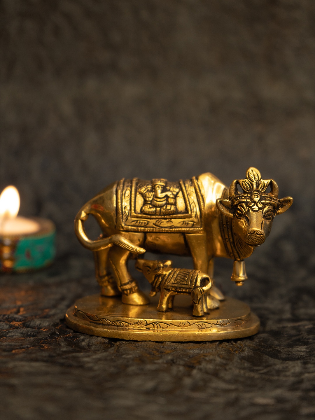 

Ekhasa Gold-Toned Brass Kamdhenu Cow Calf Idol Showpiece