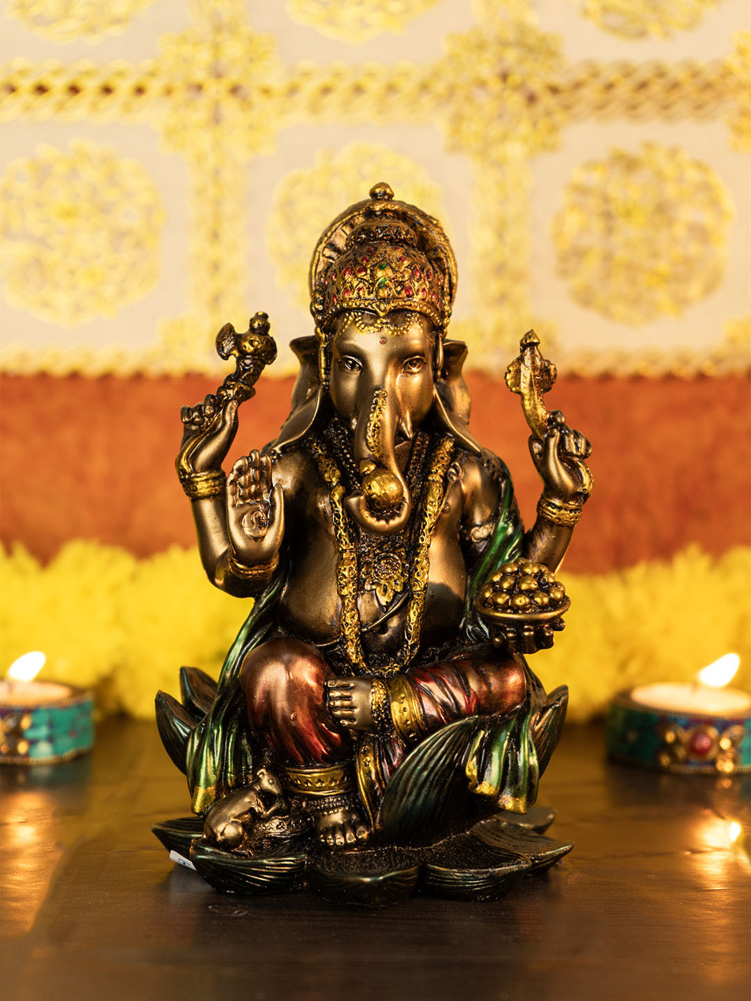 

Ekhasa Gold-Toned & Green Lord Ganesh Idol Decorative Showpiece