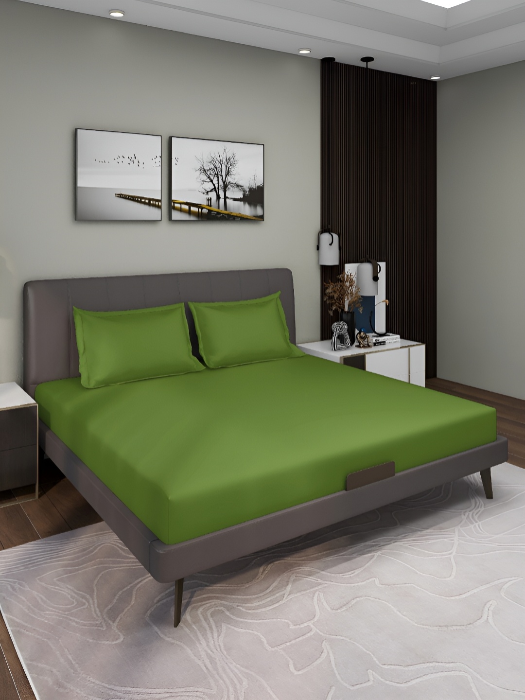 

Aura Olive Green Solid 150 TC Queen Microfiber Fitted Bedsheet With 2 Pillow Covers