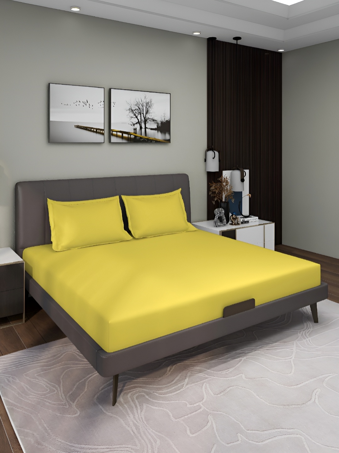 

Aura Yellow Solid 150 TC Queen Microfiber Fitted Bedsheet With 2 Pillow Covers