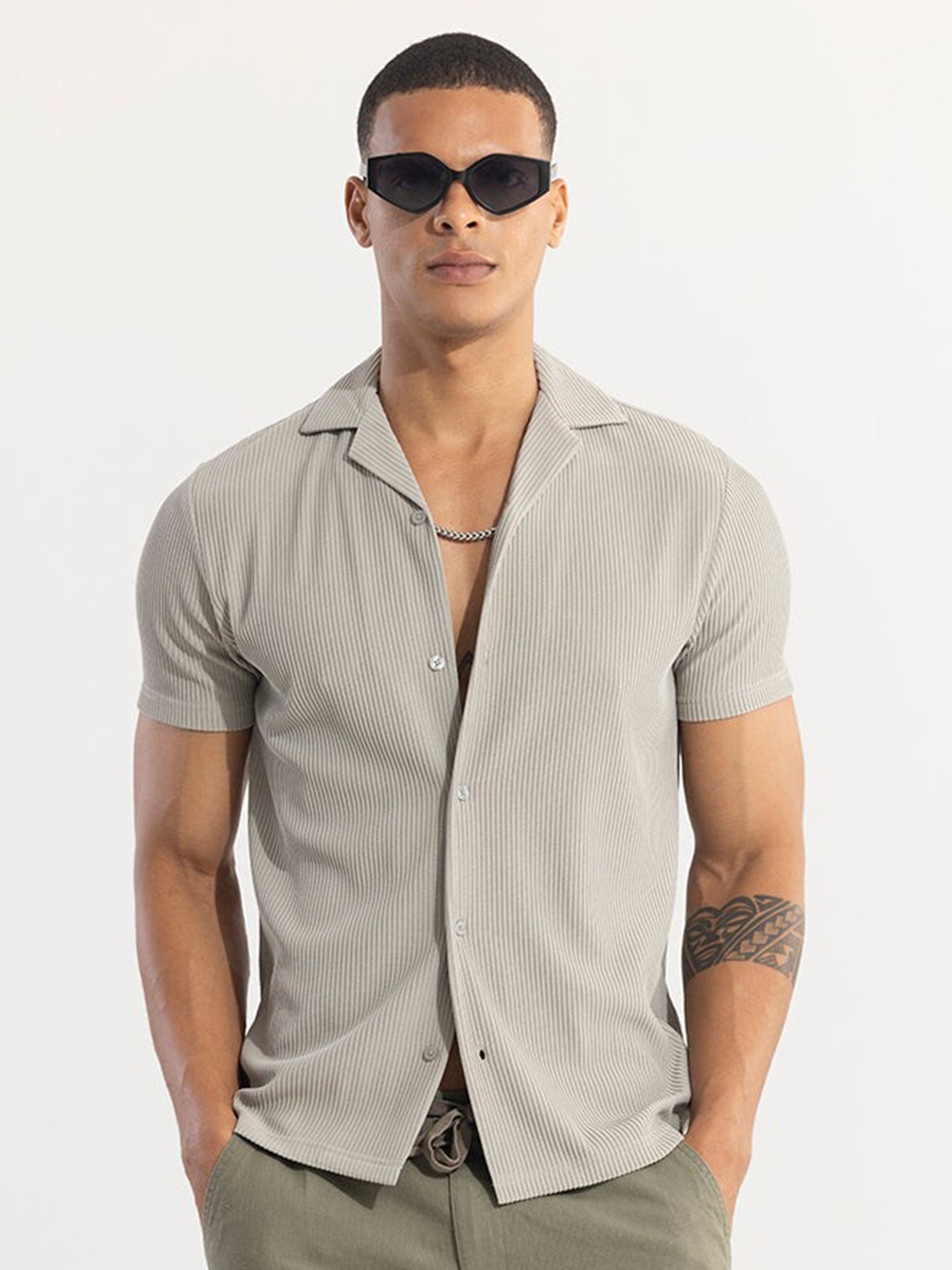 

Snitch Grey Classic Boxy Opaque Striped Casual Shirt