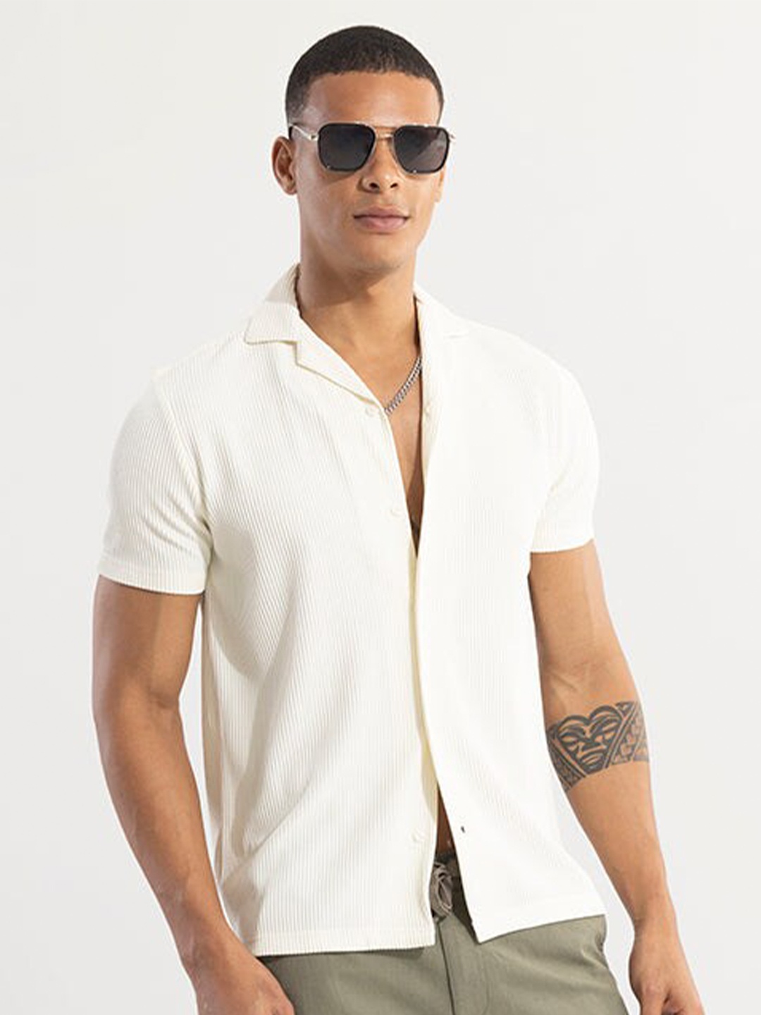 

Snitch White Vertical Striped Classic Boxy Opaque Casual Shirt