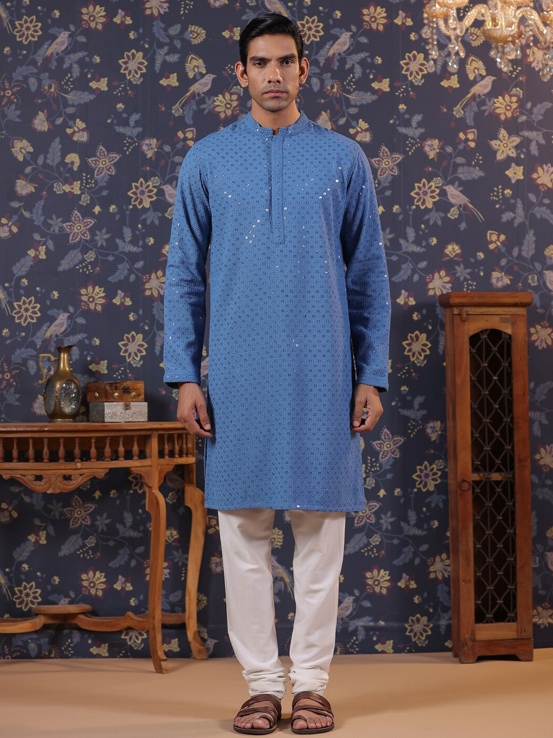 

House of Pataudi Blue Ethnic Motifs Embroidered Sequinned Straight Kurta With Churidar Set