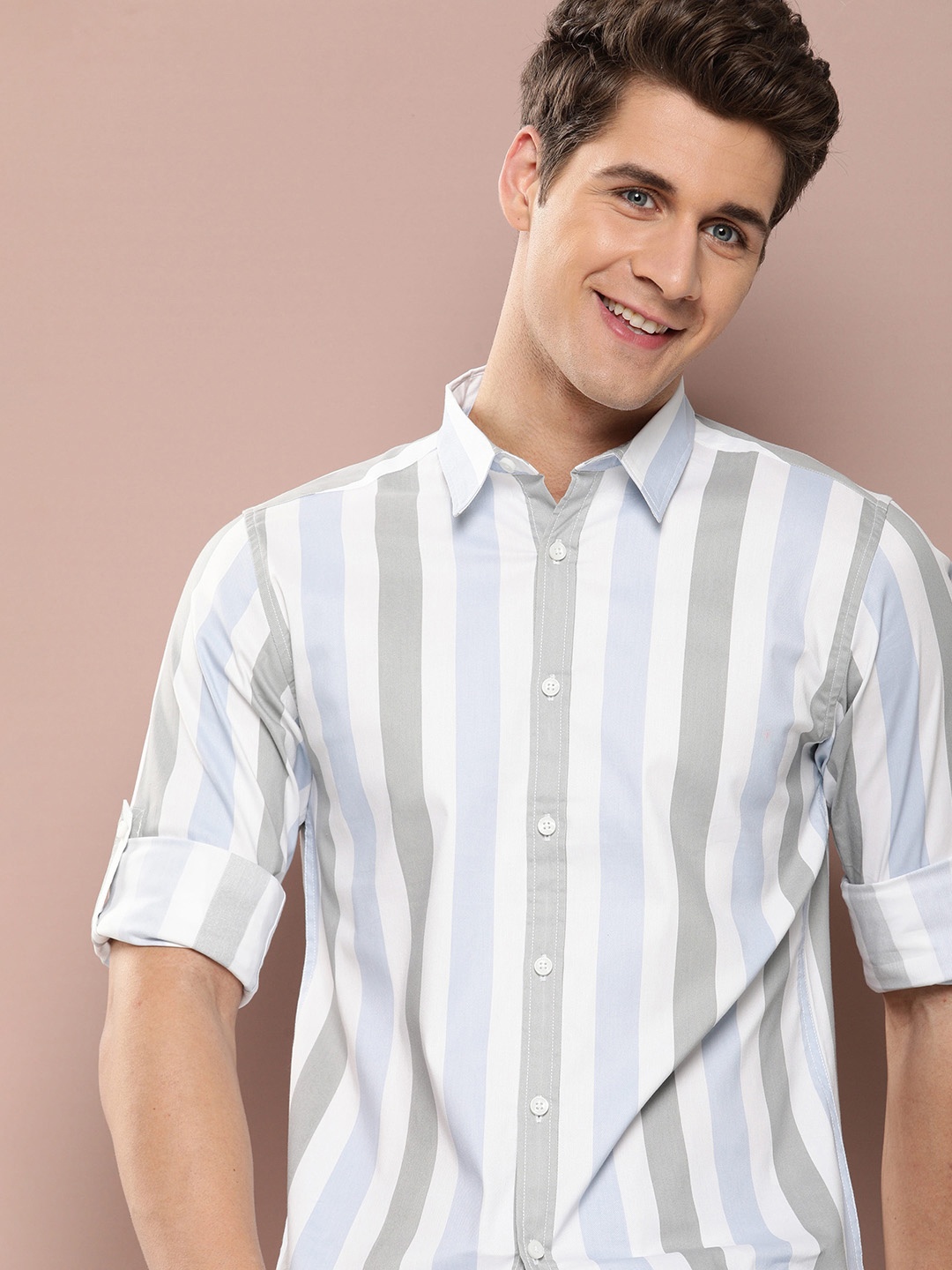 

Harvard Men Slim Fit Striped Roll-Up Sleeves Casual Shirt, White