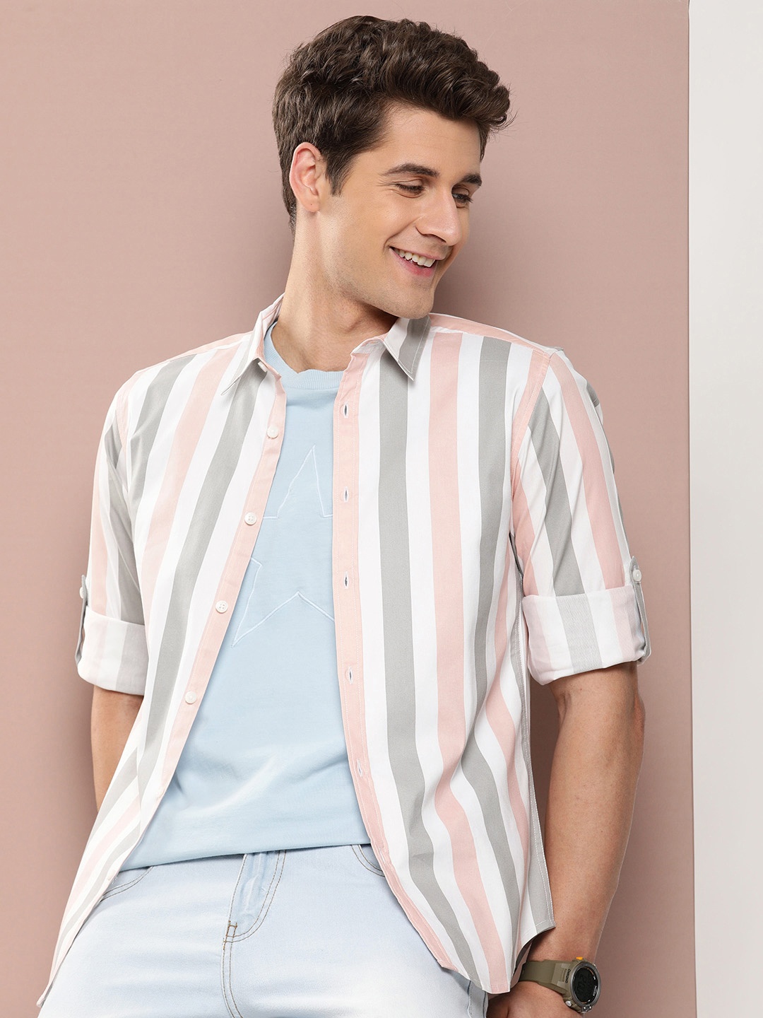 

Harvard Men Slim Fit Striped Roll-Up Sleeves Casual Shirt, White
