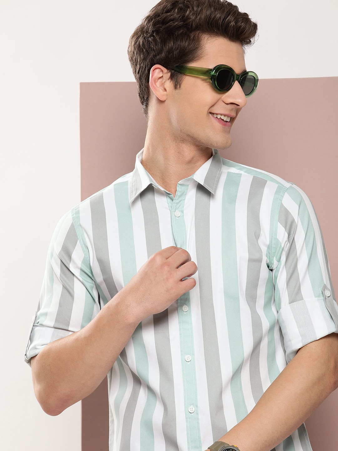 

Harvard Men Slim Fit Striped Roll-Up Sleeves Casual Shirt, White