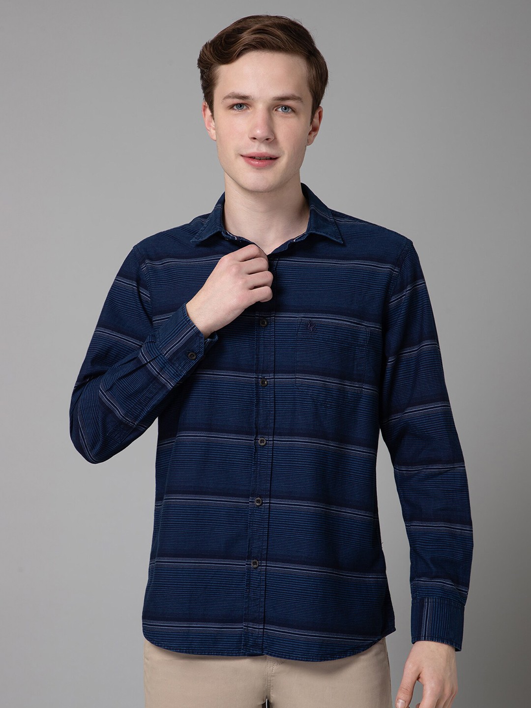 

Cantabil Spread Collar Cotton Comfort Horizontal Stripes Opaque Striped Casual Shirt, Navy blue