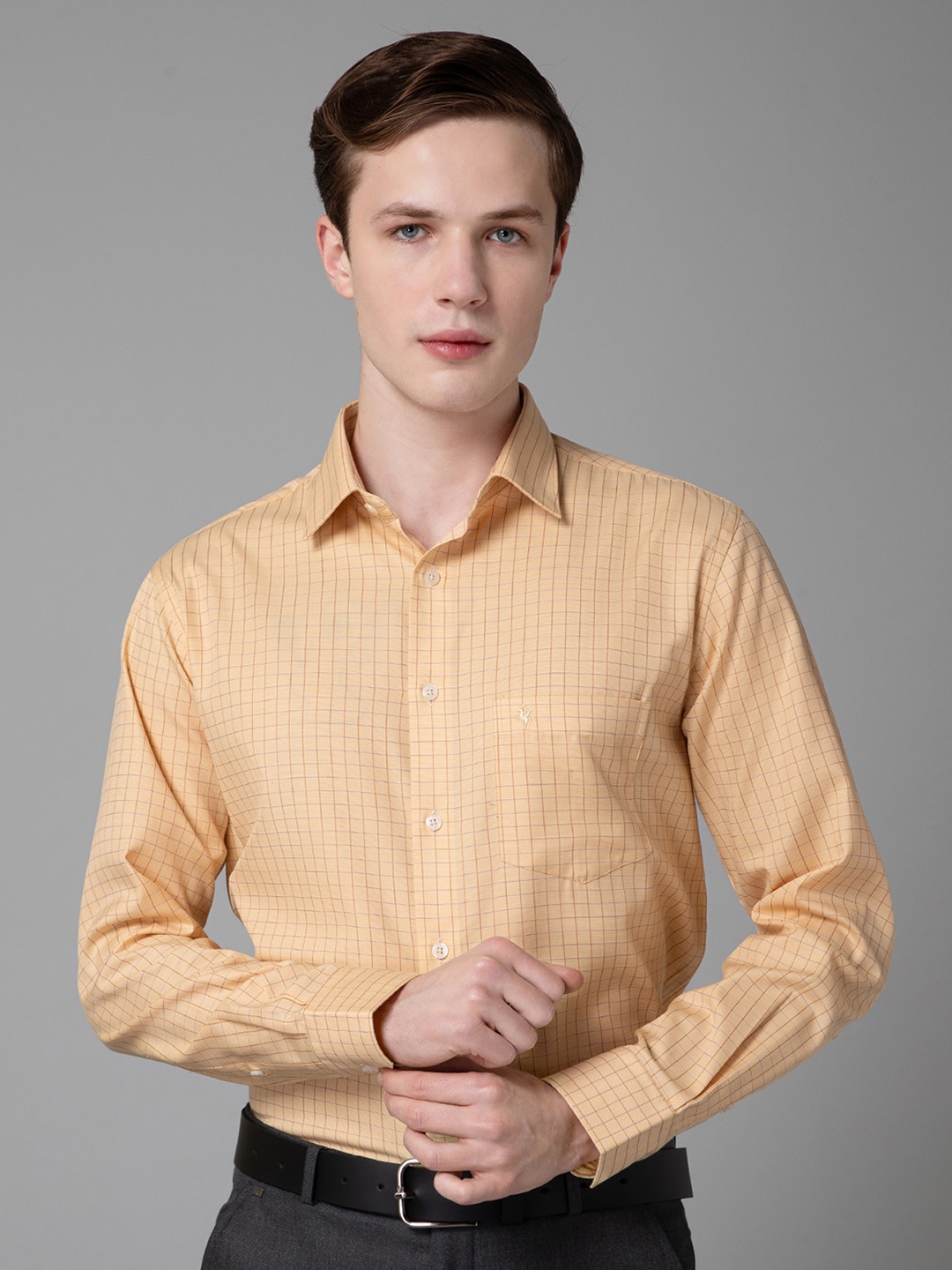 

Cantabil Comfort Checked Spread Collar Long Sleeves Formal Shirt, Beige