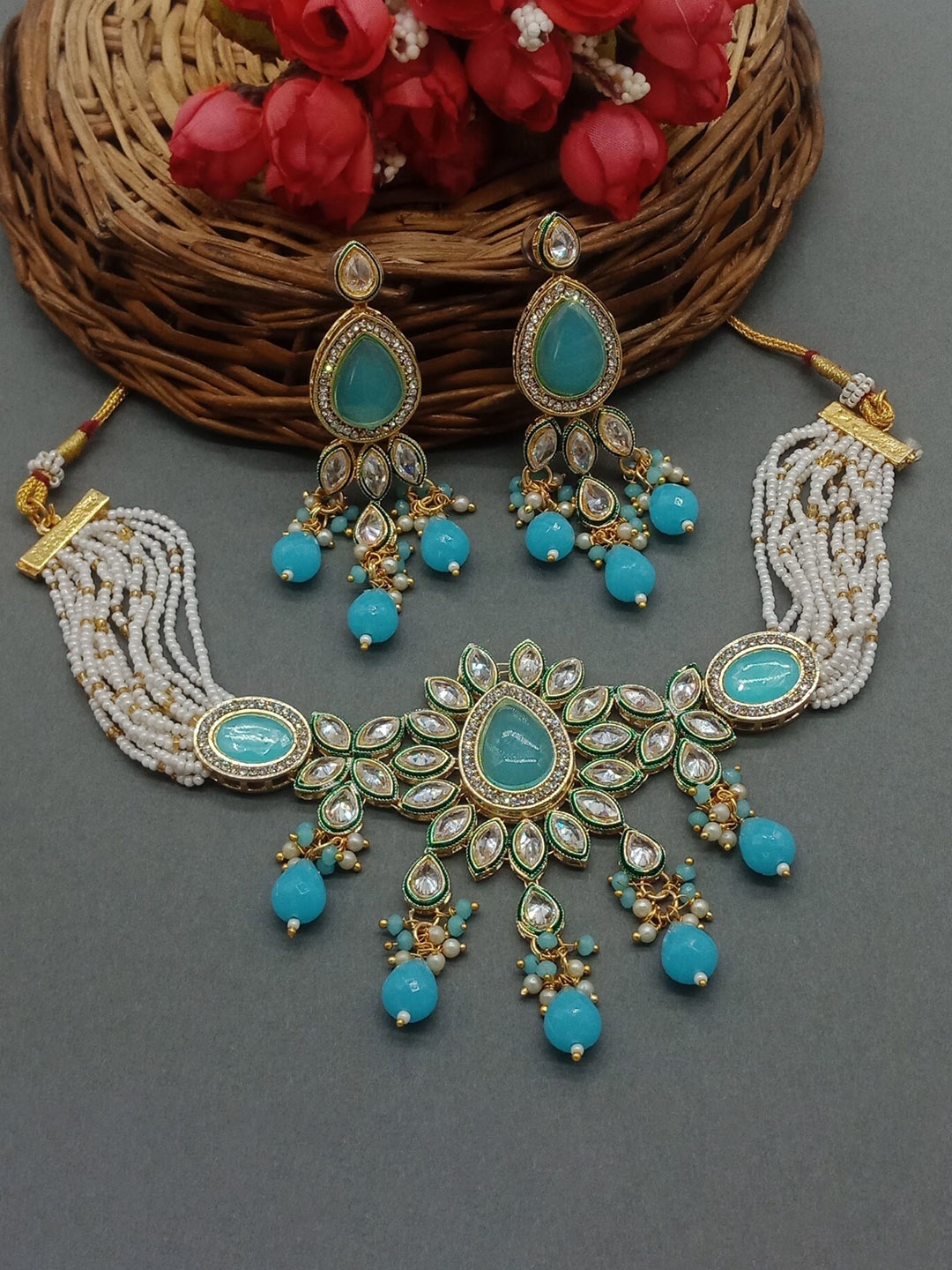 

AASHISH IMITATION Gold-Plated American Diamond-Studded & Beaded Jewellery Set