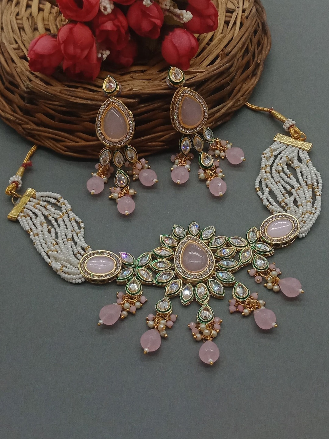 

AASHISH IMITATION Gold Plated American Diamond Studded & Beaded Jewellery Set