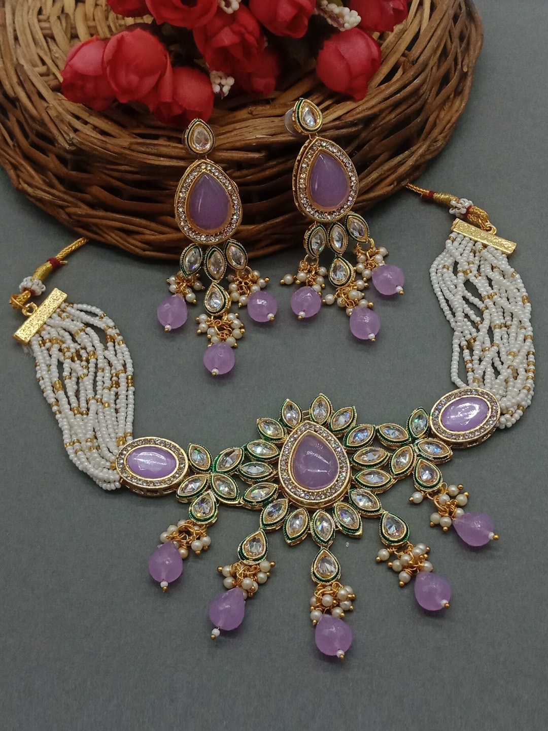 

AASHISH IMITATION Gold Plated American Diamond Studded & Beaded Jewellery Set
