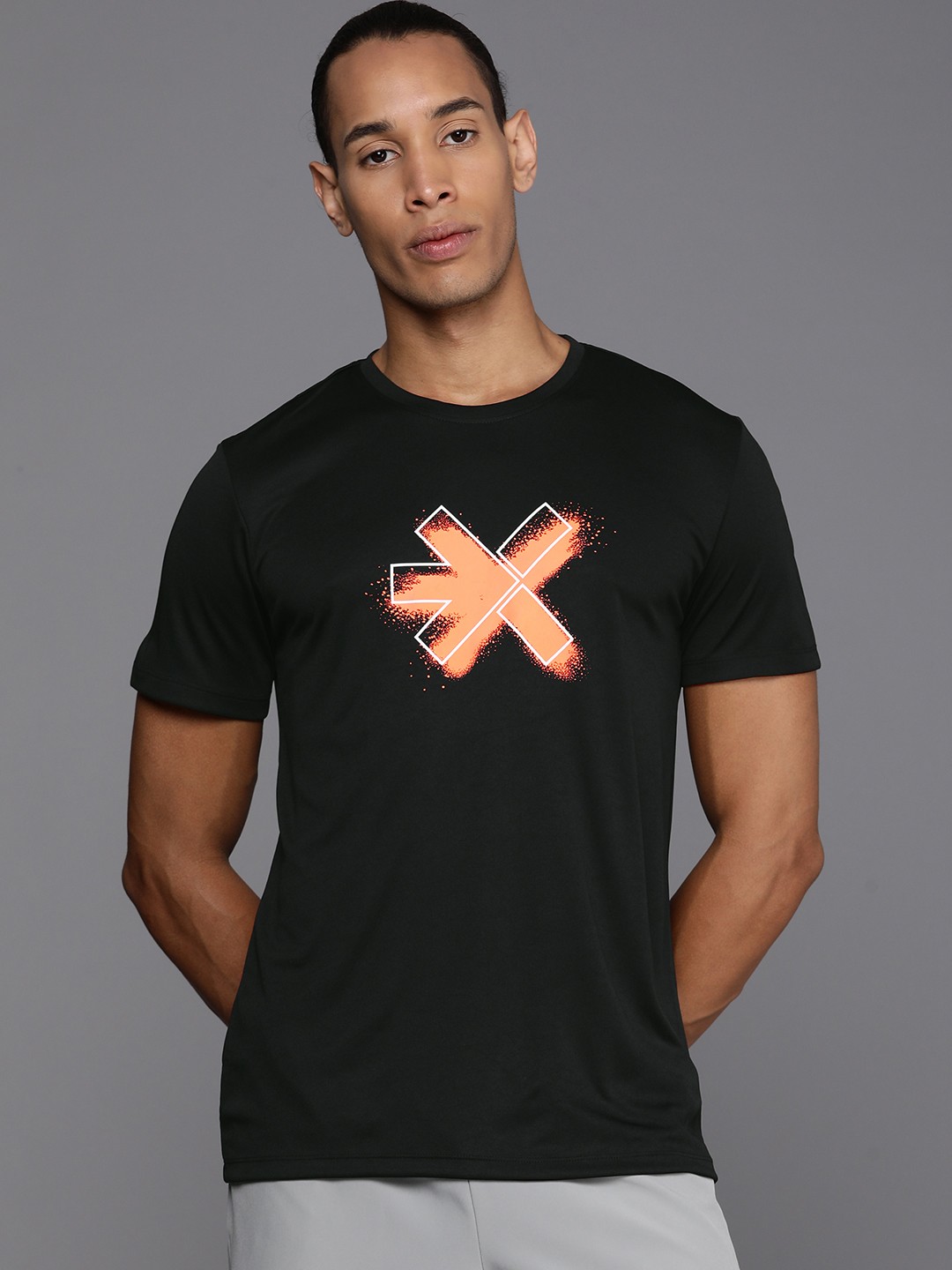 

HRX by Hrithik Roshan Brand Logo Printed Rapid-Dry Antimicrobial Training T-shirt, Black