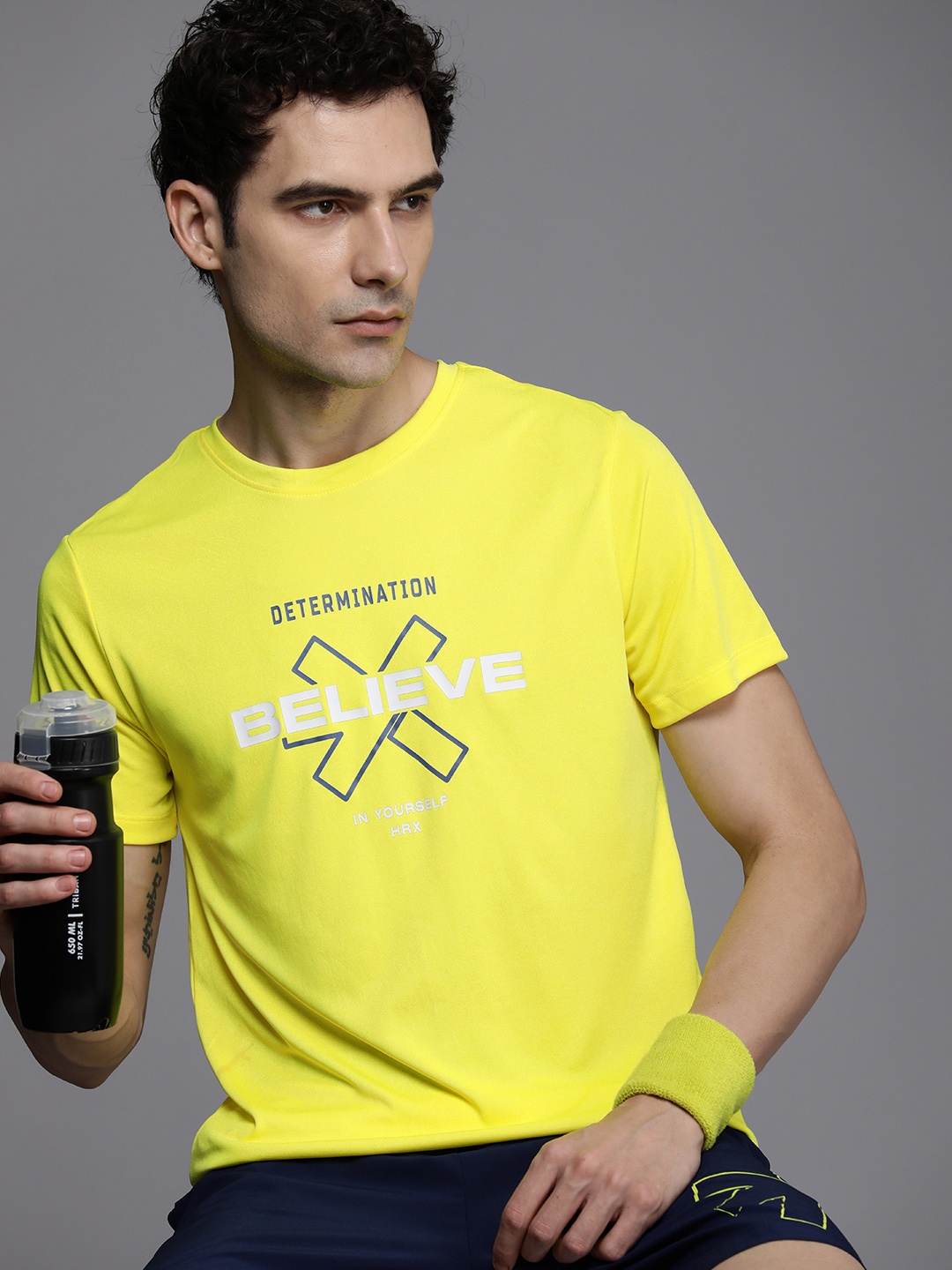 

HRX by Hrithik Roshan Brand Logo Printed Rapid- Dry Training T-shirt, Yellow