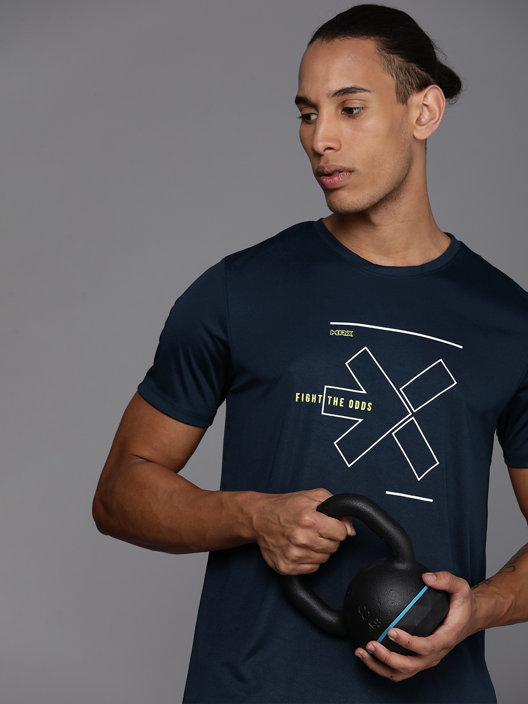

HRX by Hrithik Roshan Brand Logo Printed Rapid-Dry Antimicrobial Training T-shirt, Navy blue