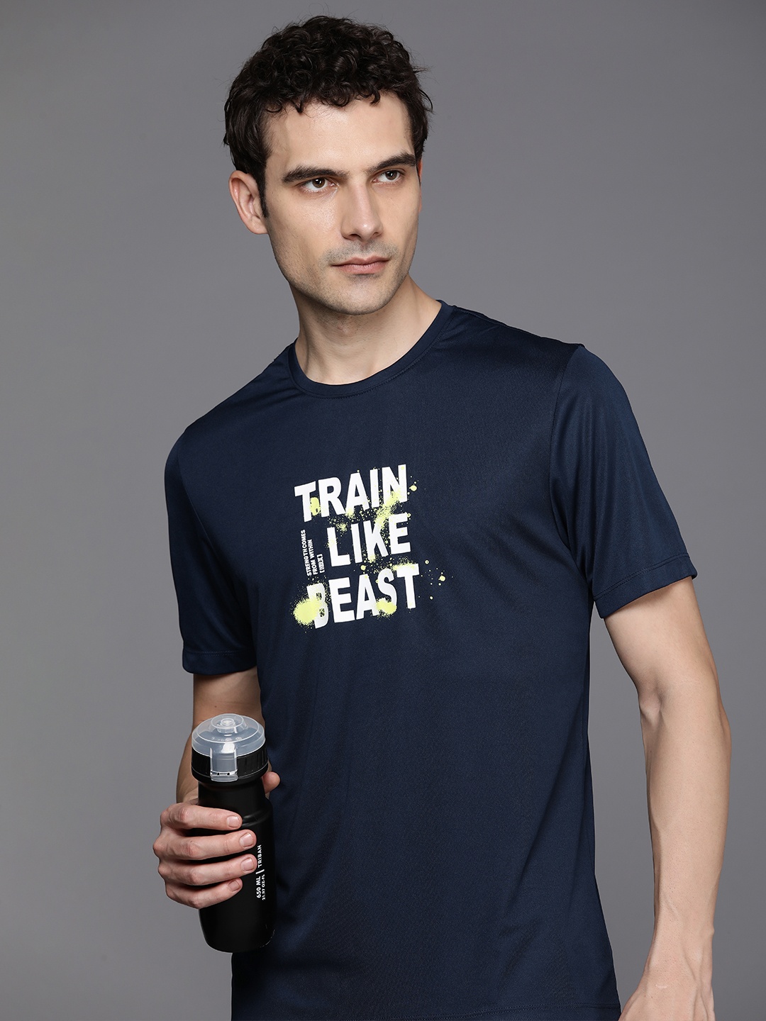 

HRX by Hrithik Roshan Typography Printed Rapid-Dry Antimicrobial Training T-shirt, Navy blue