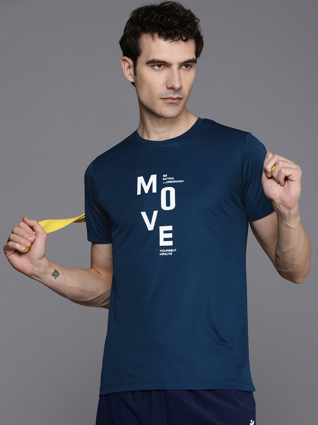 

HRX by Hrithik Roshan Men Typography Printed Training Rapid-Dry T-shirt, Navy blue