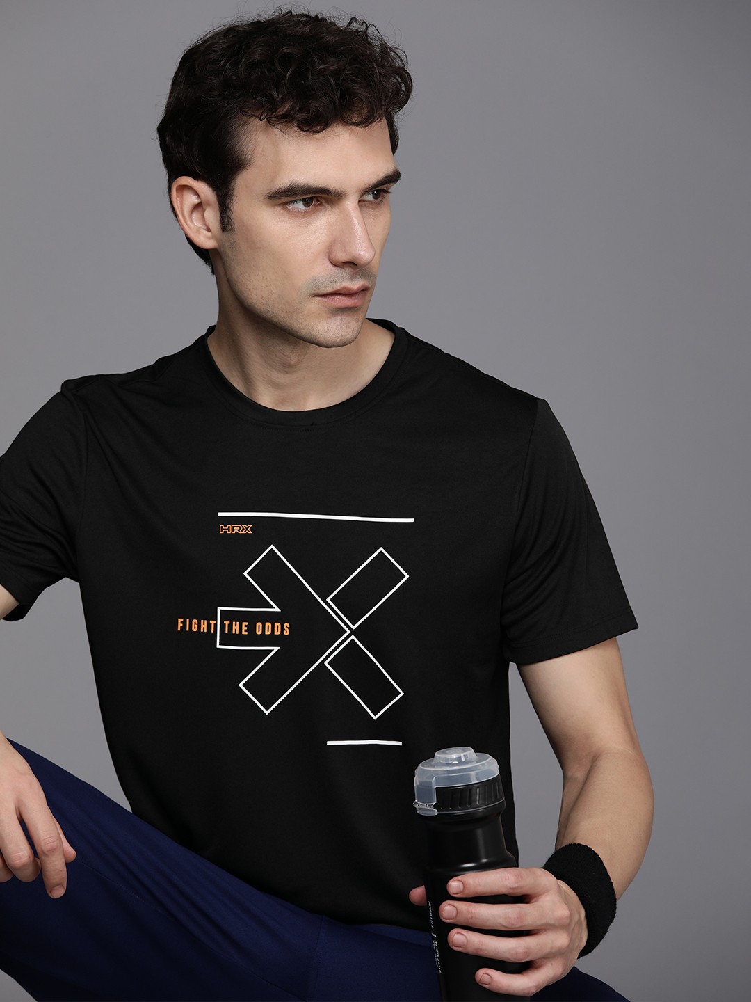 

HRX by Hrithik Roshan Brand Logo Printed Rapid-Dry Antimicrobial Training T-shirt, Black