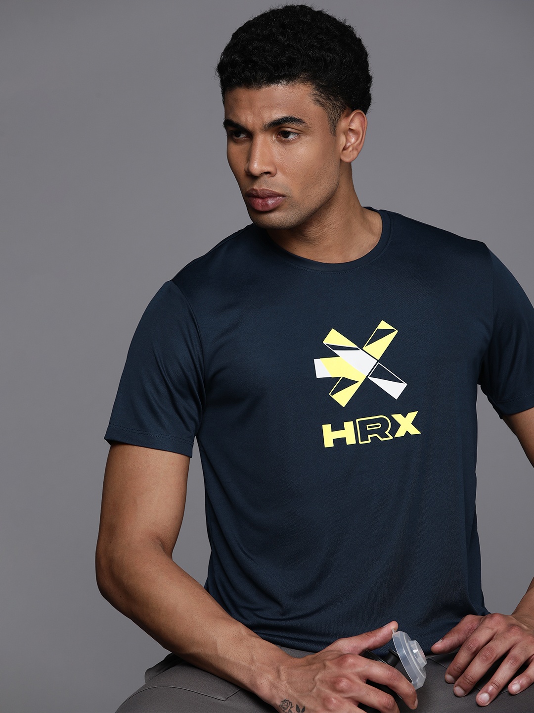 

HRX by Hrithik Roshan Brand Logo Printed Rapid-Dry Antimicrobial Training T-shirt, Navy blue