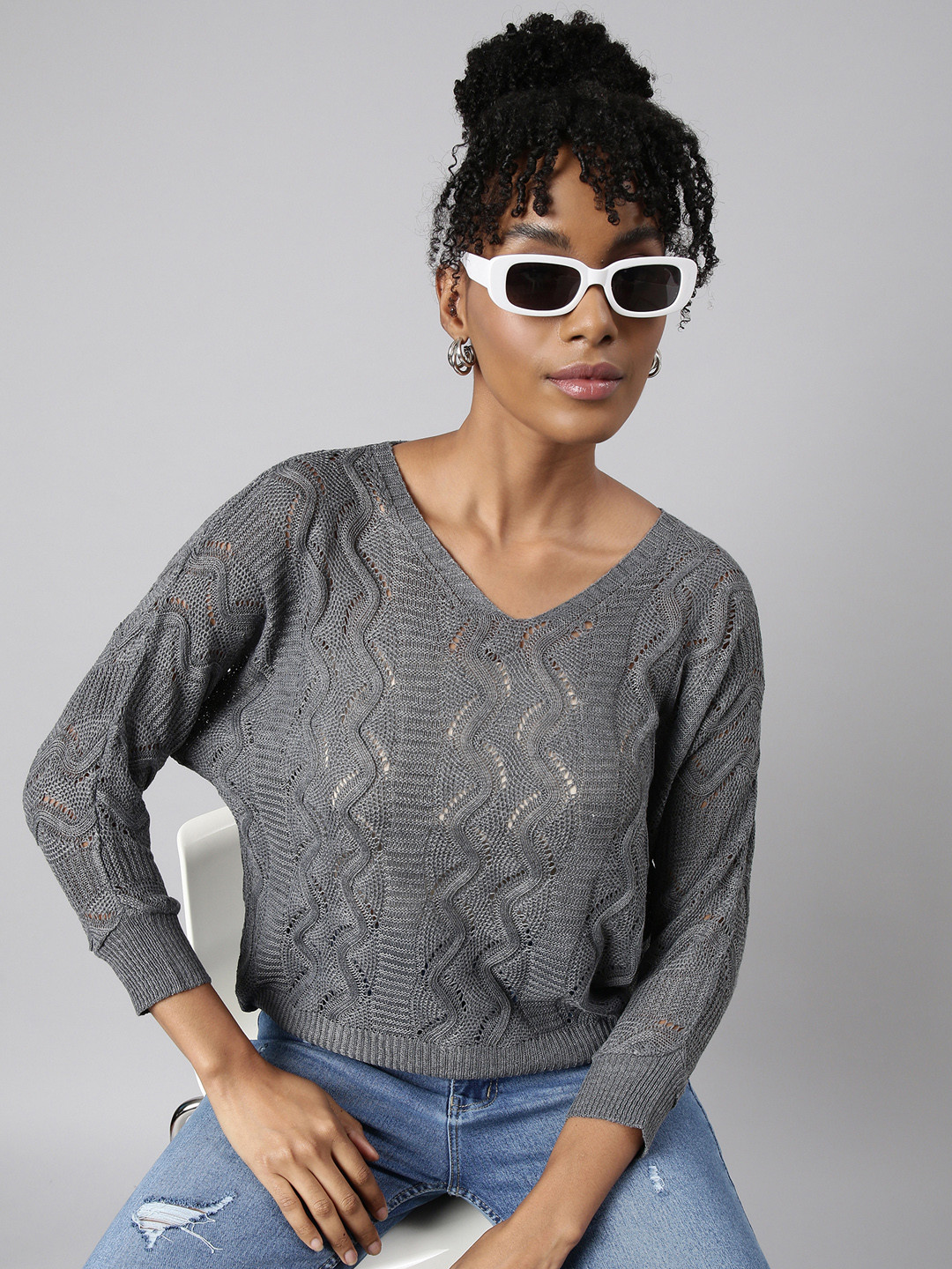 

SHOWOFF Geometric Self Design V-Neck Acrylic Crochet Top, Grey
