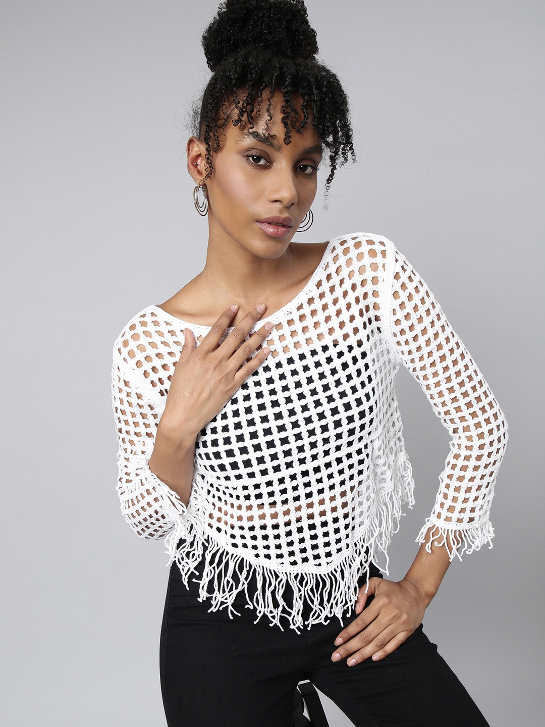 

SHOWOFF Boat Neck Fringed Crochet Top, White