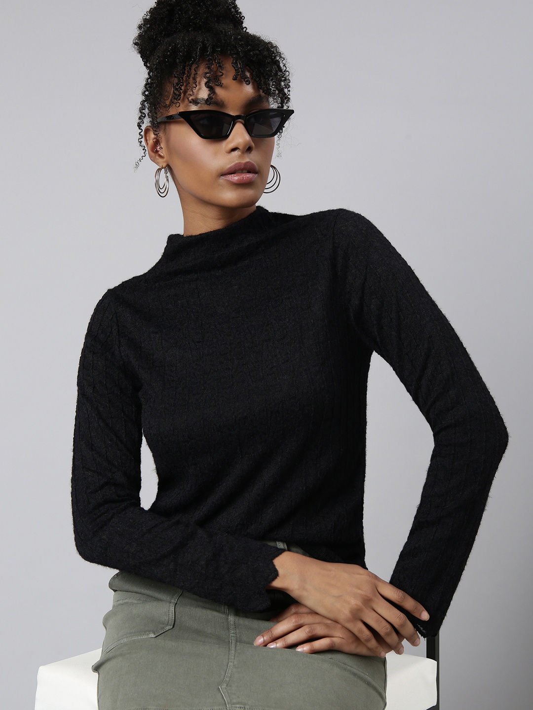 

SHOWOFF Striped High Neck Top, Black