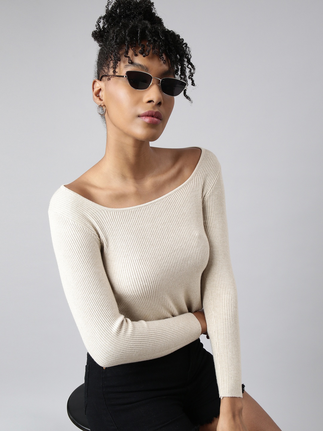 

SHOWOFF Off-Shoulder Fitted Acrylic Crop Top, Beige